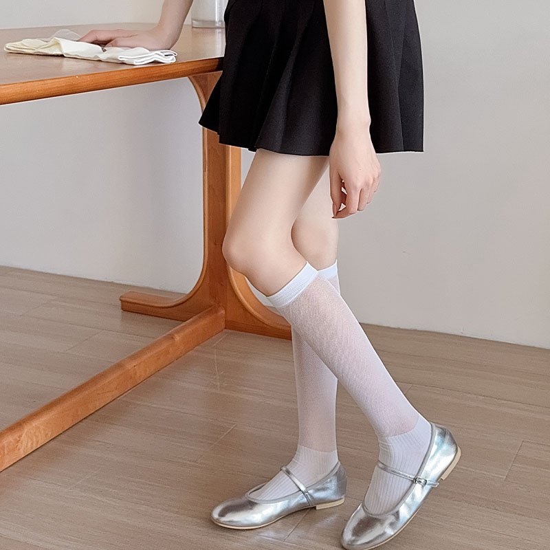 韩版纯色系学院风镂空网眼及膝袜