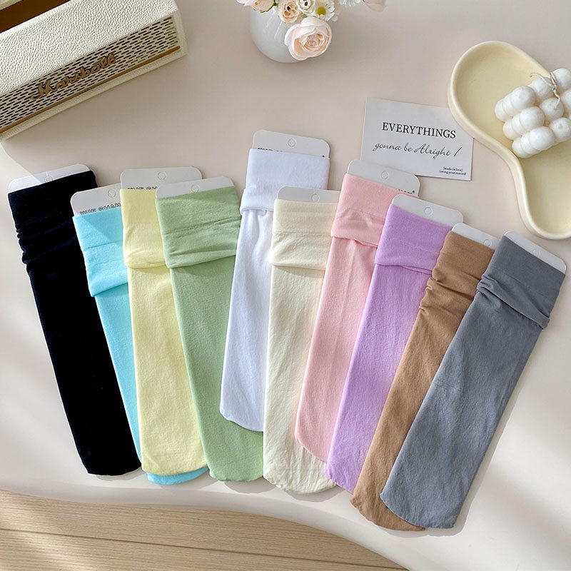 夏天薄款天鹅绒中筒袜甜美少女风糖果色袜子外穿配凉鞋透气堆堆袜