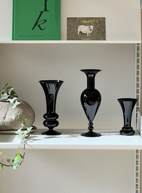 黑色中古款法式复古玻璃小花瓶ins风居家玄关插花装饰氛围感摆件