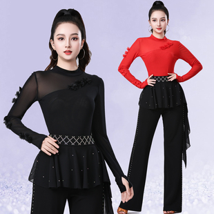 新款网纱长袖舞蹈服连裆款吉特巴演出服大三表演服女式广场舞上衣