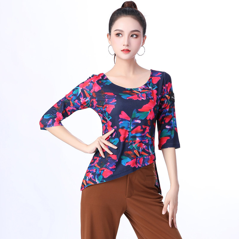 夏季新款果果不不吉特巴舞蹈服圆领印花上衣水兵广场舞中袖演出服