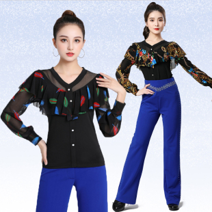 吉特巴舞蹈服装新款网纱长袖摩登舞上衣果果不不舞蹈服广场舞服装