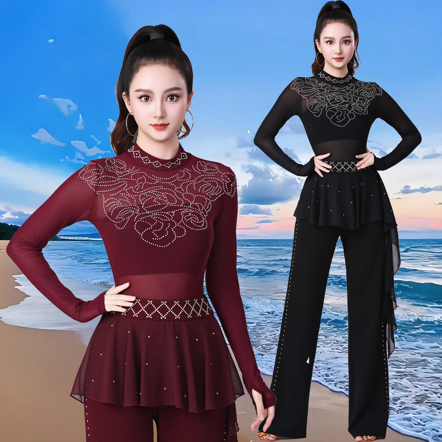 新款广场舞服装新潮大三舞蹈上衣网纱连裆吉特巴舞服三步踩表演服