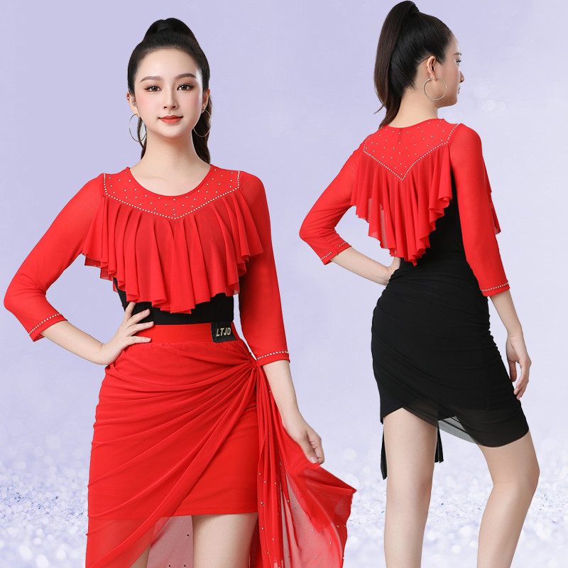 新款红色镶钻吉特巴舞蹈服荷叶边新潮点帕斯上衣夏季三步踩跳舞服