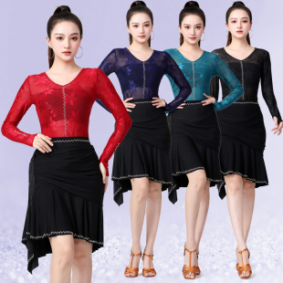 新款吉特巴提花舞蹈服连裆款拉丁舞跳舞服勾指新潮点帕斯长袖舞服