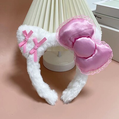 二次元 lo 娘 豹纹毛绒发箍 洛丽塔粉蝴蝶结蕾丝软妹拍照发饰