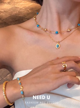 NeedU复古老钱风蓝石项链戒指