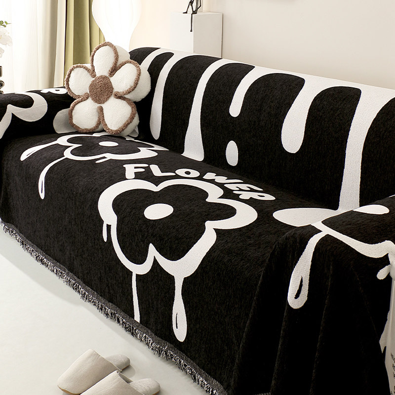 2025新款沙发盖布巾四季通用高级感黑色防滑一整张全盖毯套罩垫子