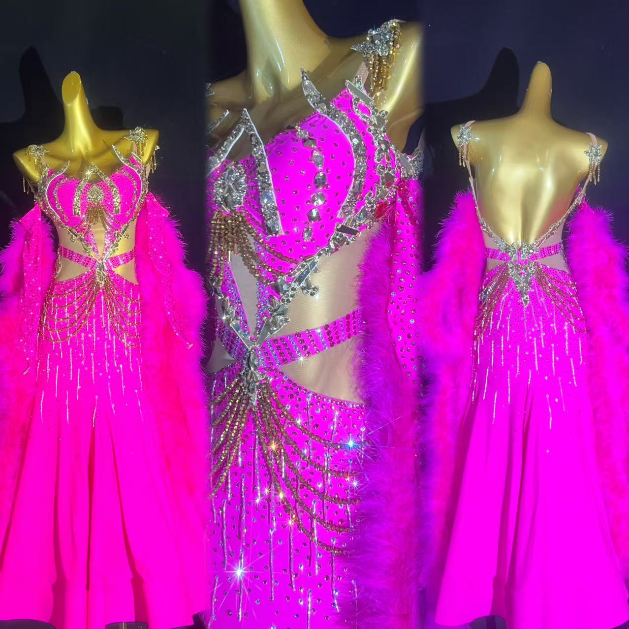 玖玖新款撞色满钻摩登舞服露背量身定制专业国标舞服连衣裙演出服