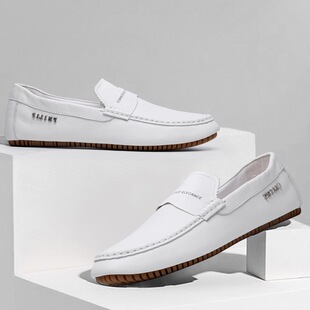 新款真皮休闲皮鞋男士英伦风一脚蹬轻便透气豆豆鞋青年时尚小白鞋