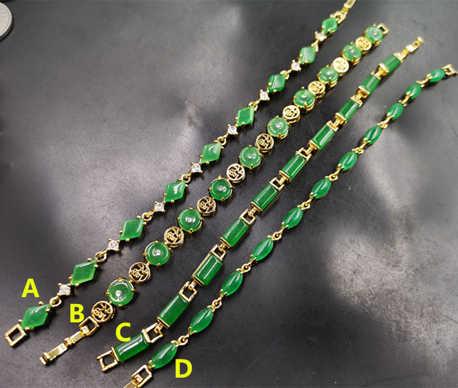 华夏美玉 精品冰种绿色马来玉手链 手串 真空镀金镶嵌绿色玉手链