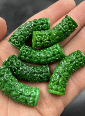 华夏美玉 优化仿干青雕花弯管散珠 绿色月牙半成品珠子