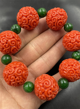 华夏美玉 25毫米红色回纹雕花仿玉石圆珠手链 大珠子手串 特价