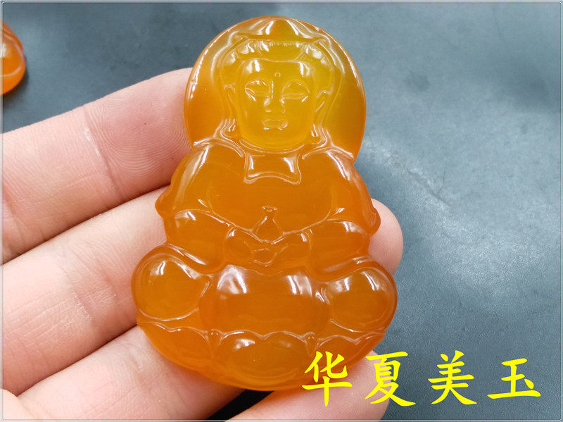 华夏美玉 天然浅红色玉髓玛瑙大观音吊坠 男式玉观音挂件 玉坠