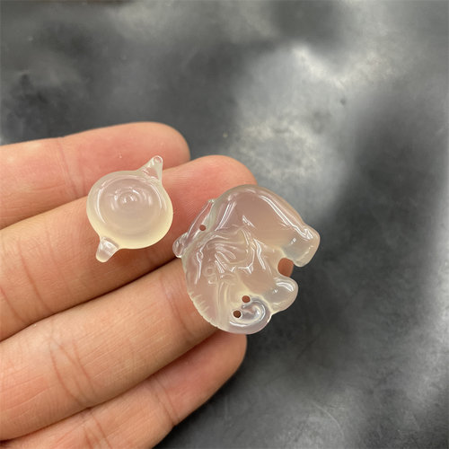 华夏美玉 镶嵌冰种白玉髓小茶壶吊坠 双面雕刻白色玛瑙大象挂件