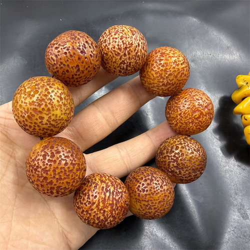 华夏美玉 复古做旧优化30毫米老蜜蜡圆珠手链 琥珀蜜蜡大珠子手串