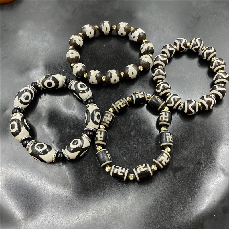 华夏美玉 黑白天珠玛瑙手链 三眼 万字老玛瑙手串