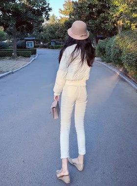 韩版春秋新款白色修身小脚牛仔裤女士舒适百搭高腰紧身铅笔长裤子
