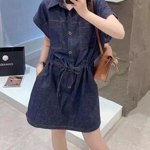 牛仔连衣裙女夏季2025新款短袖大码收腰显瘦遮肚子藏肉气质裙子