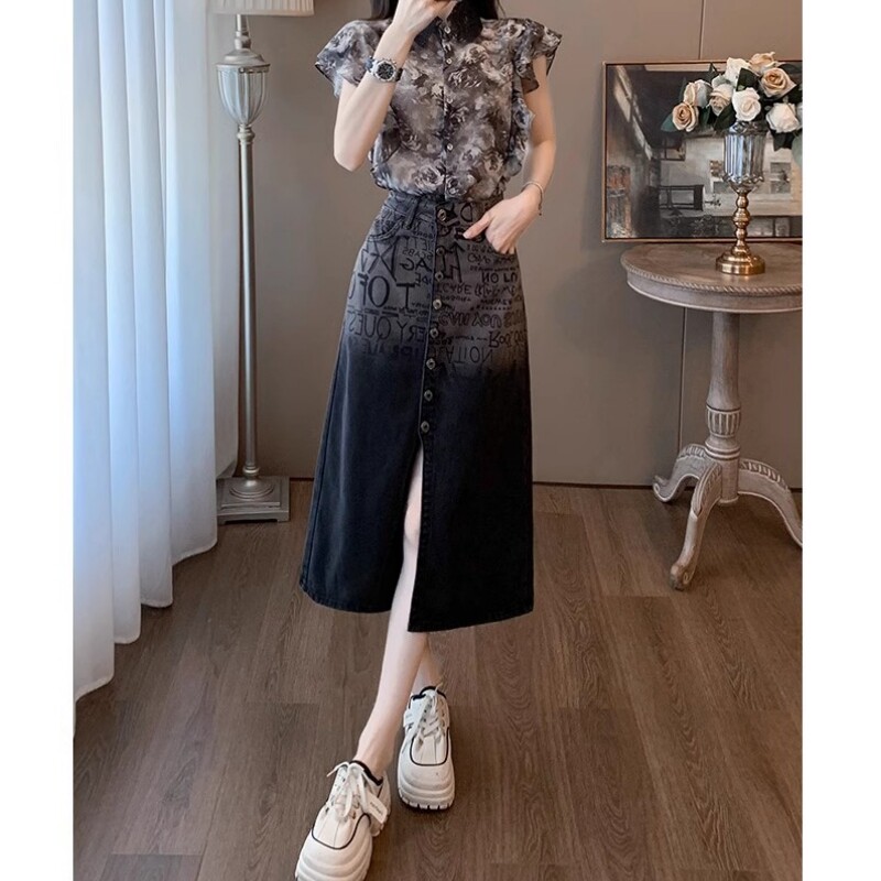 现货~渐变色开叉牛仔半身裙女半裙高腰中长款a字裙长裙一步包臀裙