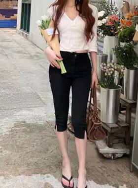高腰侧开叉提臀紧身六七分牛仔裤