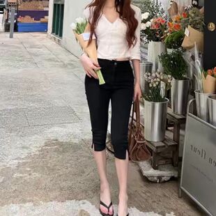韩版女装卡普里裤弹力侧开叉黑色提臀高腰ins紧身六七分牛仔裤女