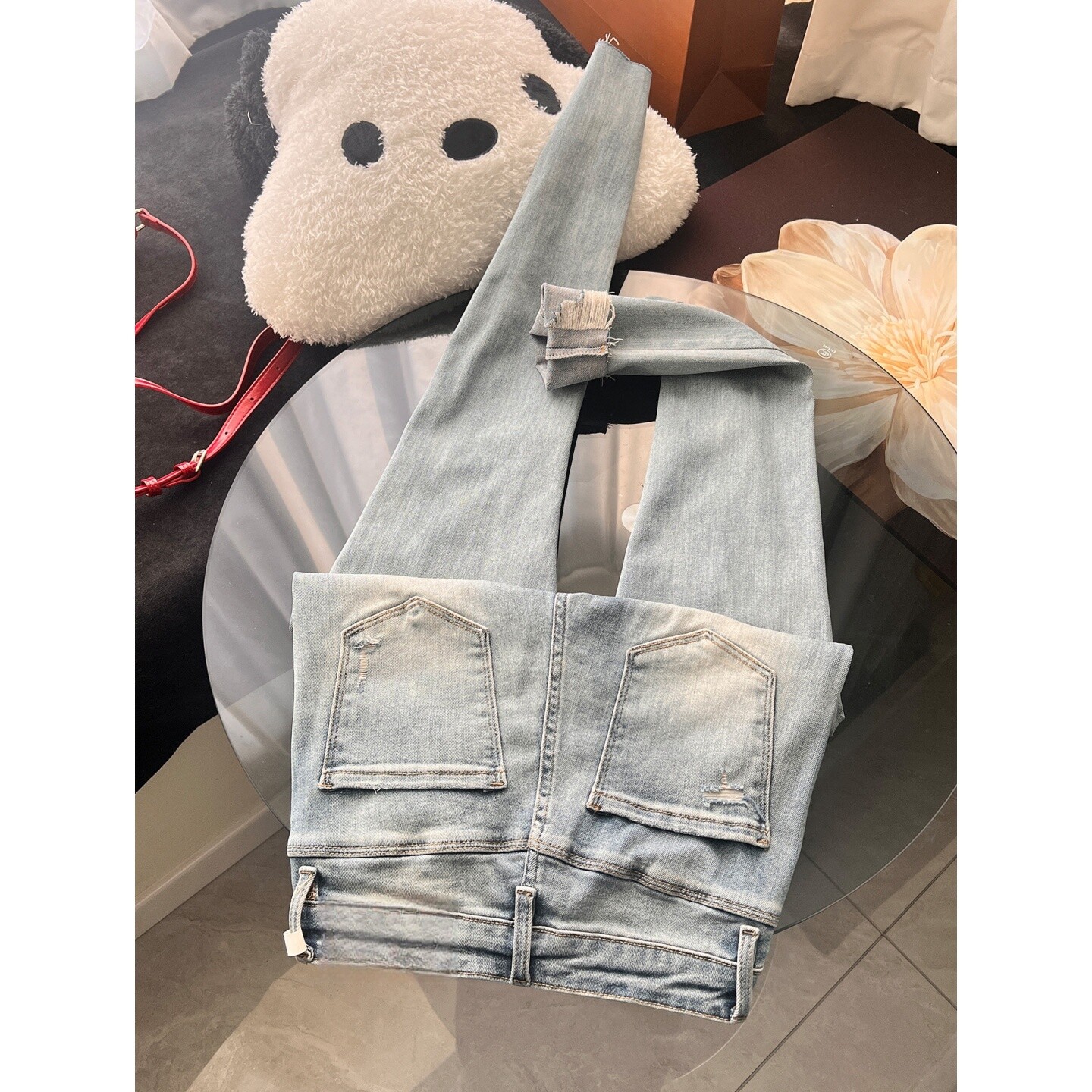 破洞牛仔裤女高腰弹力小脚裤修身紧身显瘦百搭毛边浅蓝铅笔九分裤