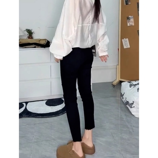 黑色破洞小脚牛仔裤女2025夏季新款高腰显瘦弹力修身九分铅笔裤子