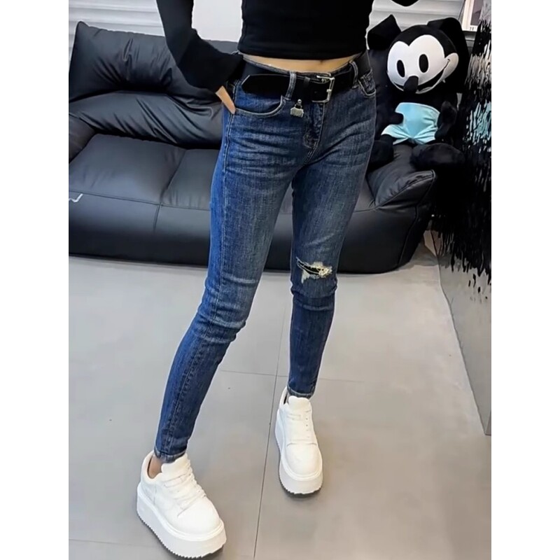 韩版破洞紧身牛仔裤修身显瘦大码高腰弹力蓝色小脚九分铅笔长裤子