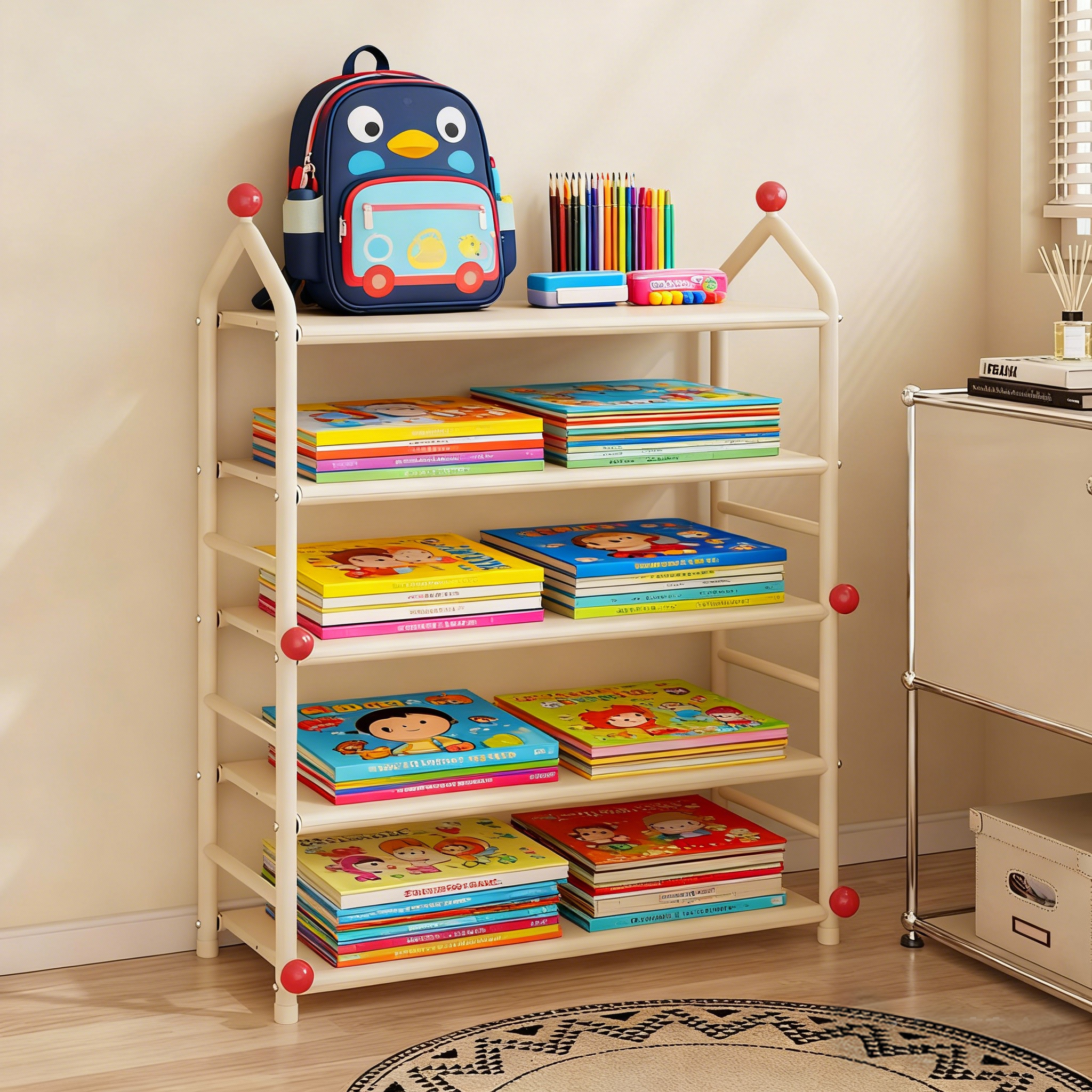 儿童书架金属面板结实耐用多层绘本架落地家用小窄置物架一体靠墙