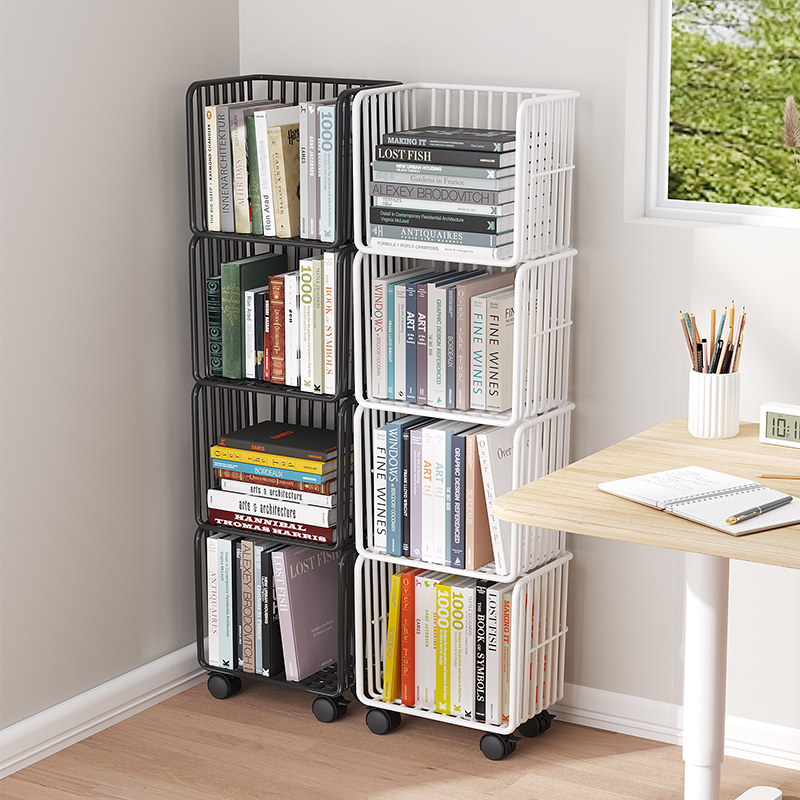 简易书架落地可移动置物架桌面收纳小型多层铁艺办公桌下窄书柜子