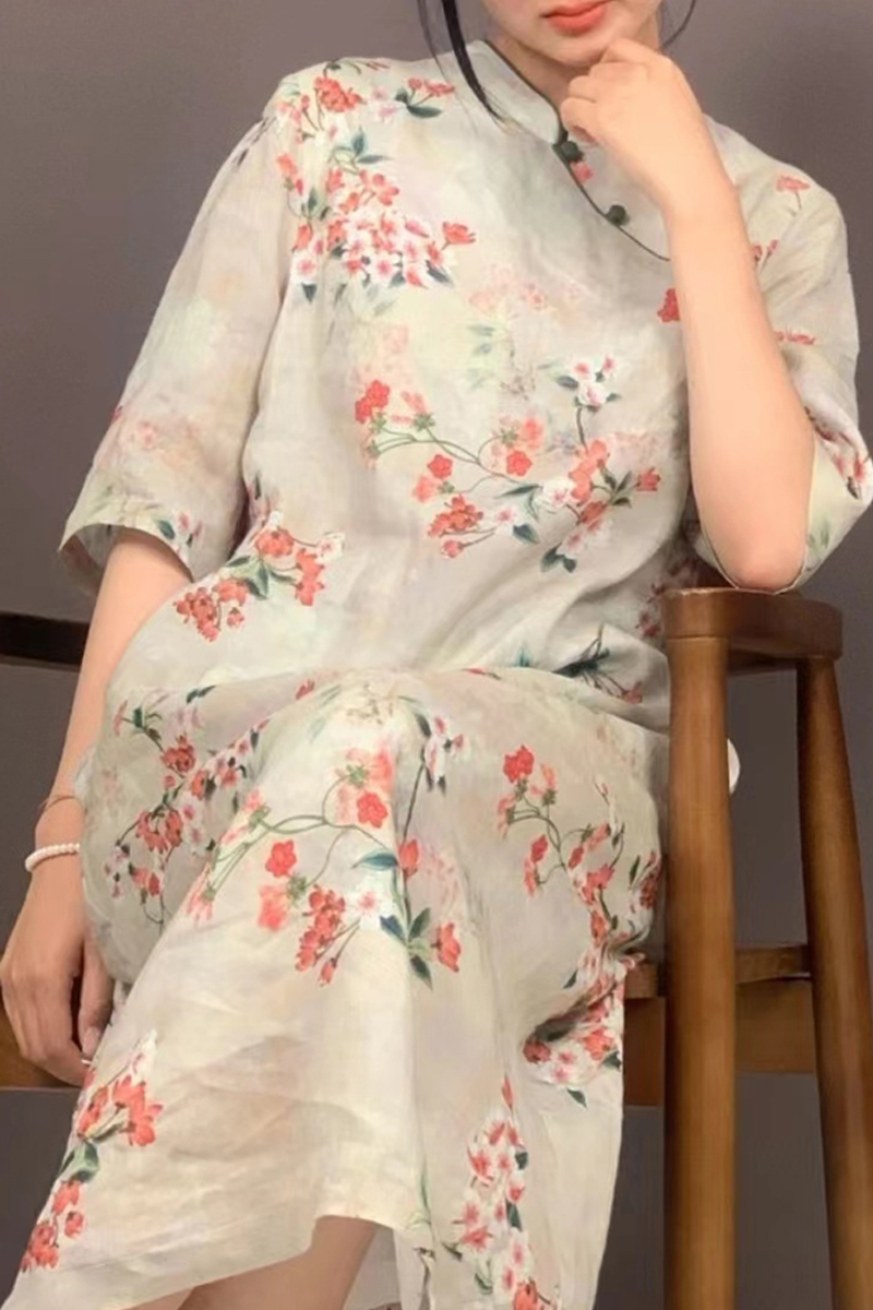 旗袍连衣裙改良复古印花大码女装