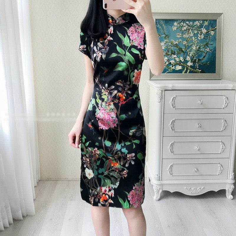 大码旗袍裙胖妹妹200斤 夏中长款连衣裙瘦复古印花旗袍连衣裙短袖