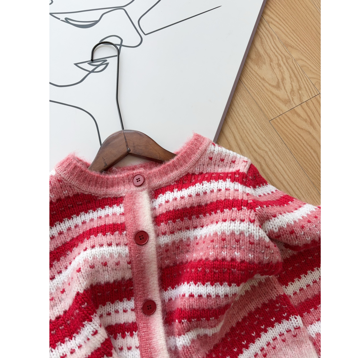 设计师款~ 甜蜜粉渐变  羊毛混纺圆领长袖短款针织开衫毛衣 女