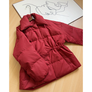 新年正红 丝毛精纺色织翻领可收腰羽绒服女冬 90%白鹅绒填充