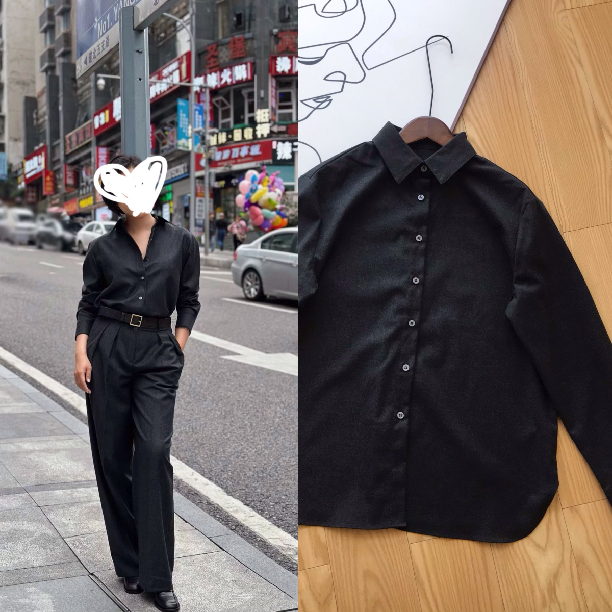 美国Th~ 24秋冬  绵羊毛混纺  法兰绒通勤休闲直筒翻领长袖衬衫女