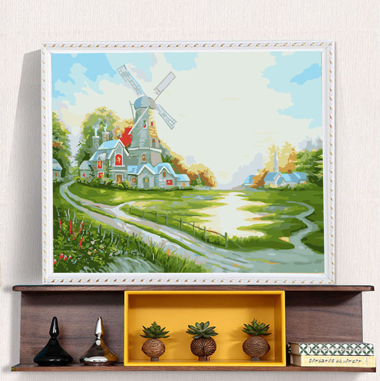 diy数字油画 风景风车植物花草大幅数码手绘装饰油彩画 幸福小屋