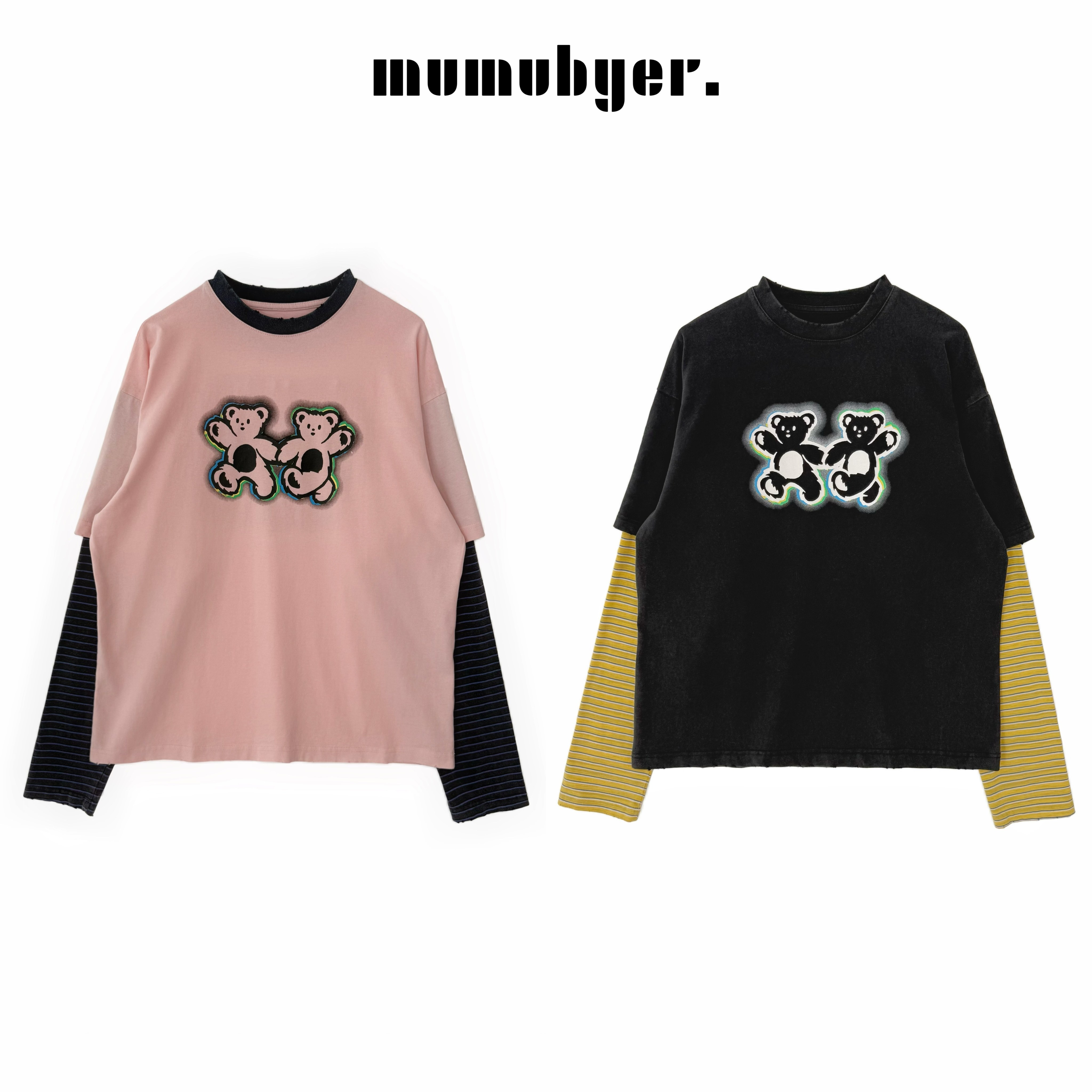 MUMUBYER •“小熊手拉手”25早春新品 洗水做旧小熊印花假两件tee