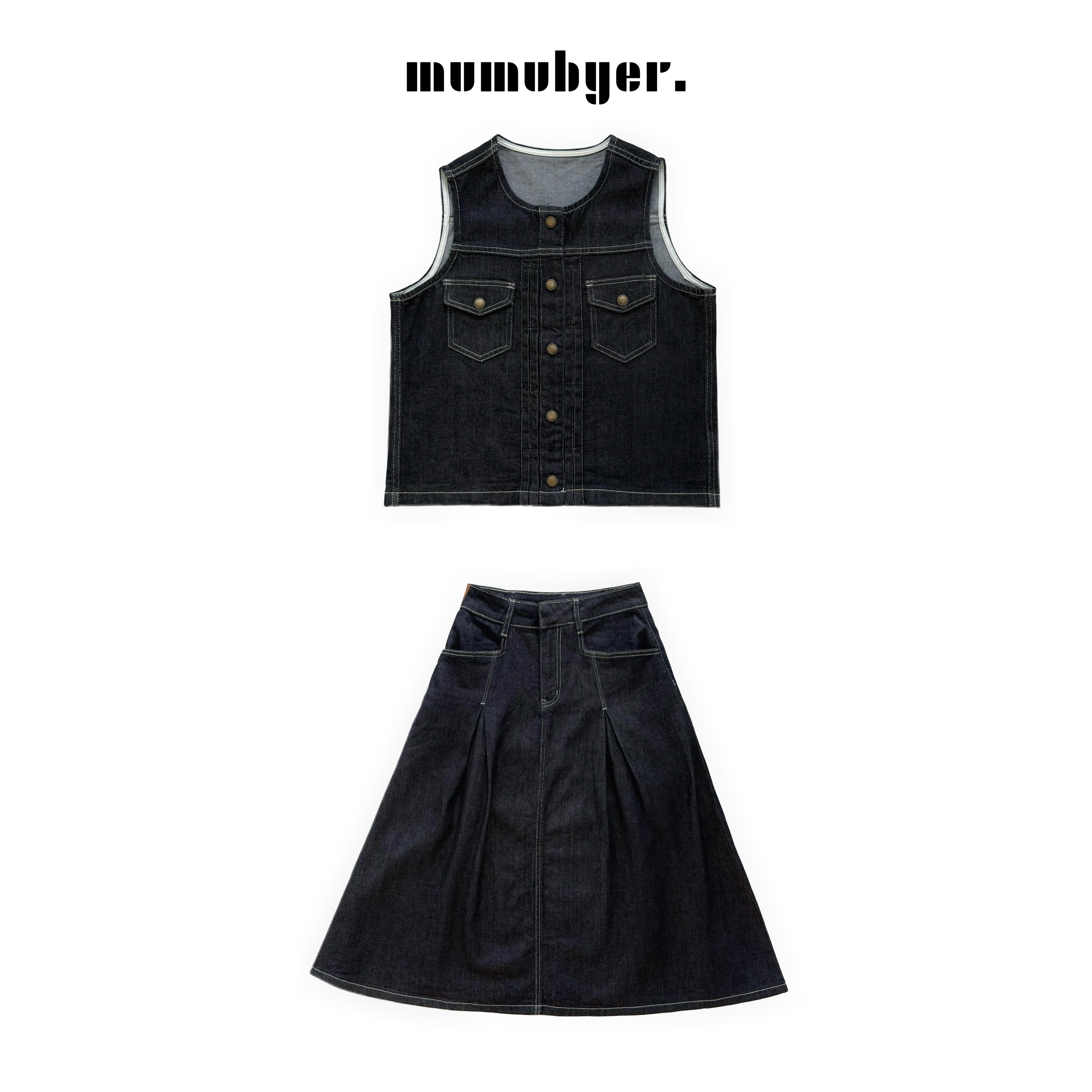 MUMUBYER •“欧阳*娜同款”莱赛尔棉混纺牛仔马甲半裙原牛风套装