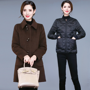 韩版通勤风翻领羽绒服女冬季中长款修身白鸭绒两件套保暖大衣外套