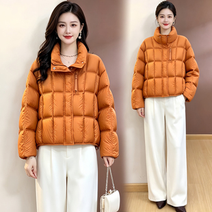 韩版立领短款羽绒服女冬季新款橘色修身白鸭绒加厚百搭面包服外套