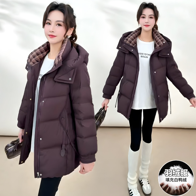 2025新款韩版中长款羽绒服女冬季时尚气质连帽修身白鸭绒保暖外套
