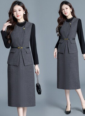 通勤风灰色两件套连衣裙女春季新款收腰显瘦气质成熟优雅套装裙潮