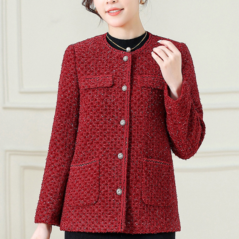 小香风红色粗花呢短外套女2025秋冬季修身圆领单排扣时尚洋气棉服