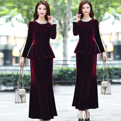 2025新款春秋款时尚套装裙女圆领上衣鱼尾半身裙长款两件套连衣裙