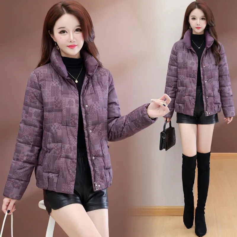 韩版修身加厚棉服女2026冬季新款紫色印花短款棉衣外套洋气保暖潮