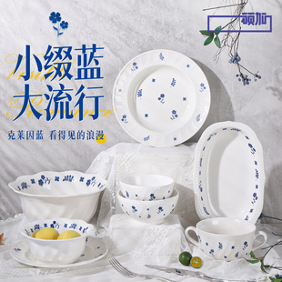 家用简约现代双耳面碗盘子小清新釉下彩 顺祥硕加蓝芙尼碗碟套装