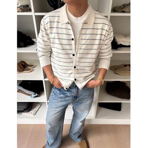秋冬轻熟条纹针织开衫翻领纽扣毛衣外套柔软休闲上衣