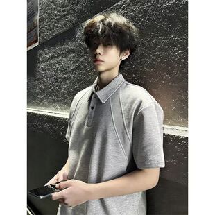 夏季polo衫白花灰色正肩短袖男款拼接设计感t恤重磅衬衫领五分袖