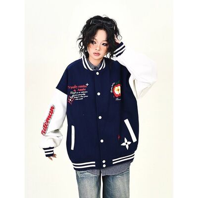 黄色苹果小花美式重磅棒球服夹克男女潮牌拼接撞色情侣外套